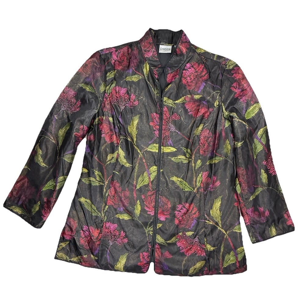 Chicos Design Top Womens Large 2 Silk Black Red Floral Beaded Tunic Lightweight